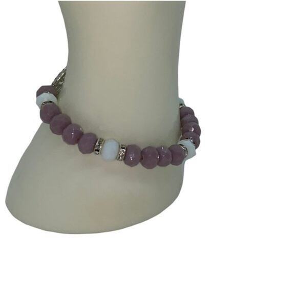 Purple White Beaded Silver-Tone Tree of Life Pendant Rhinestone Stretch Bracelet - Picture 4 of 9